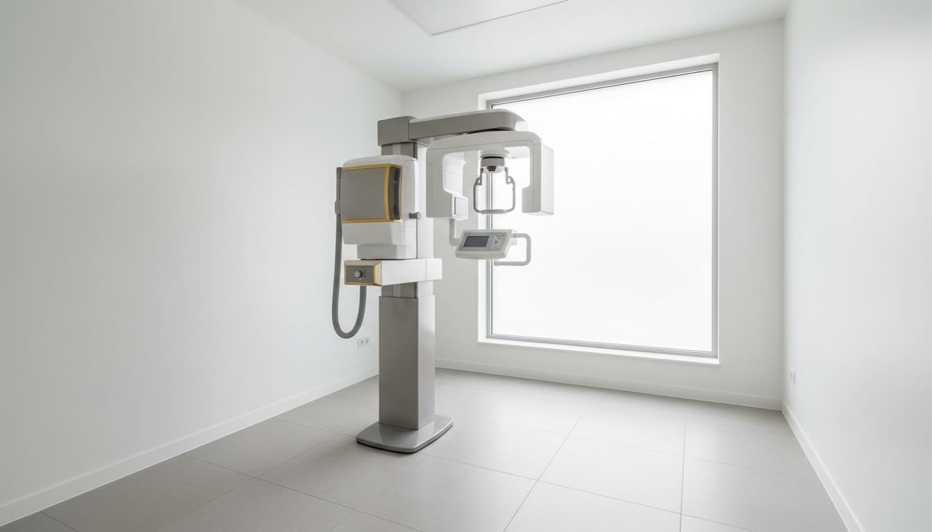 A panoramic dental X-ray machine in a clean imaging room.