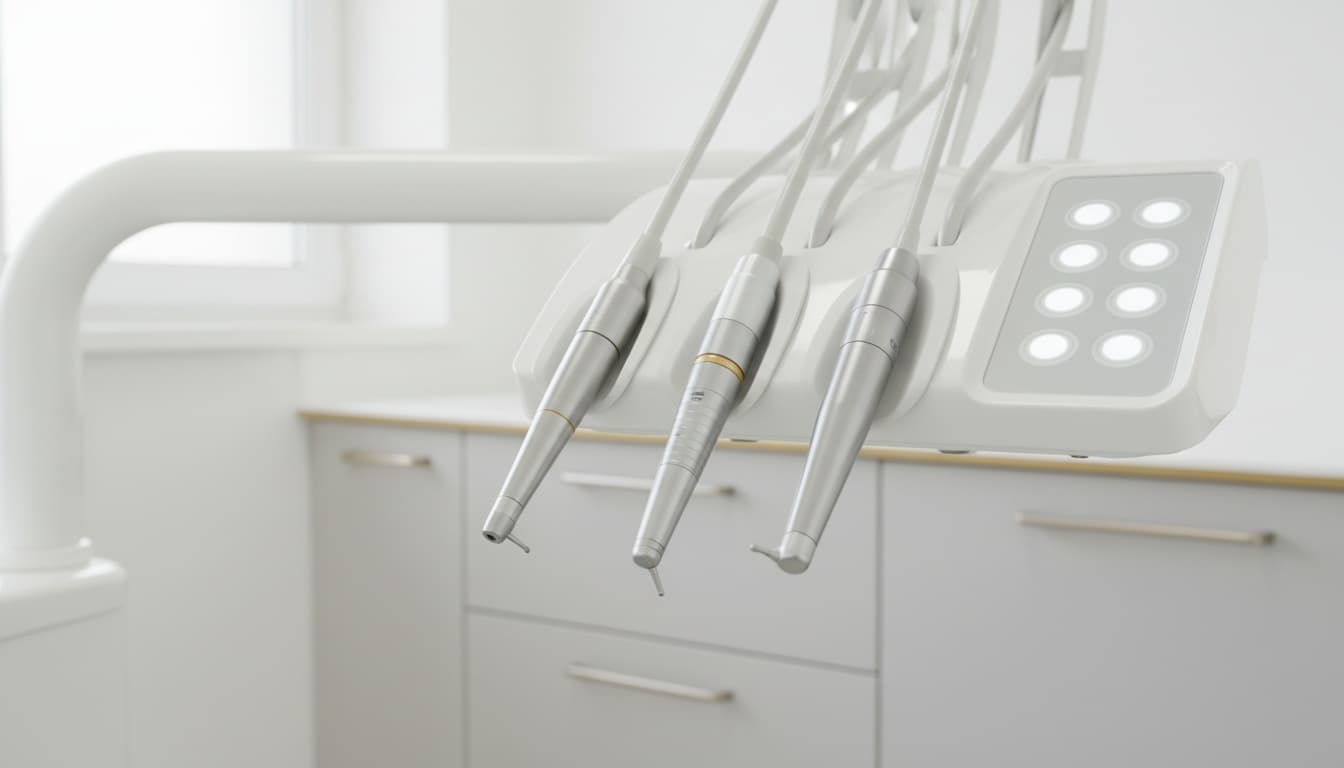 Dental handpieces hanging on a delivery unit.