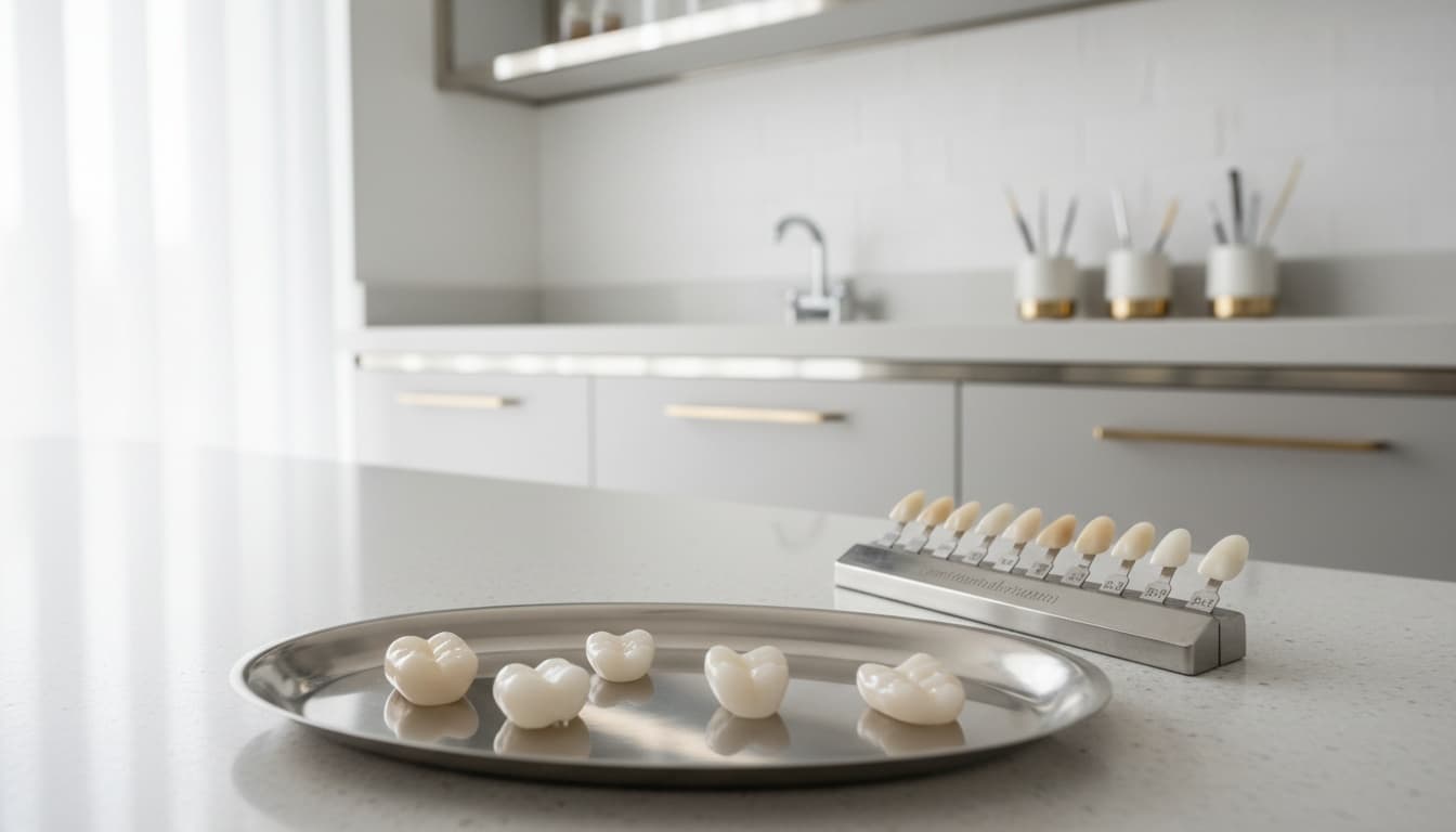 Ceramic crowns and veneers on a tray beside a tooth shade guide in a dental laboratory.
