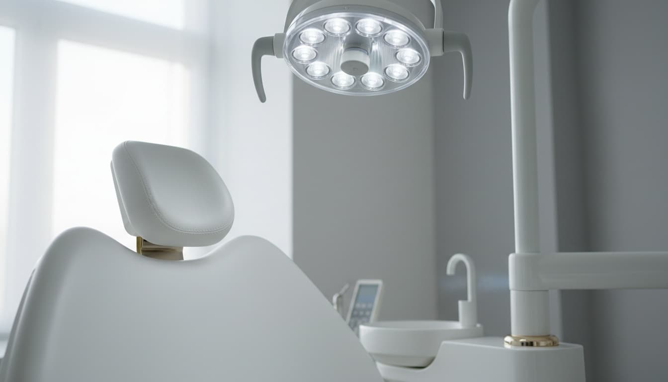 A dental chair headrest beneath a bright LED procedure light.